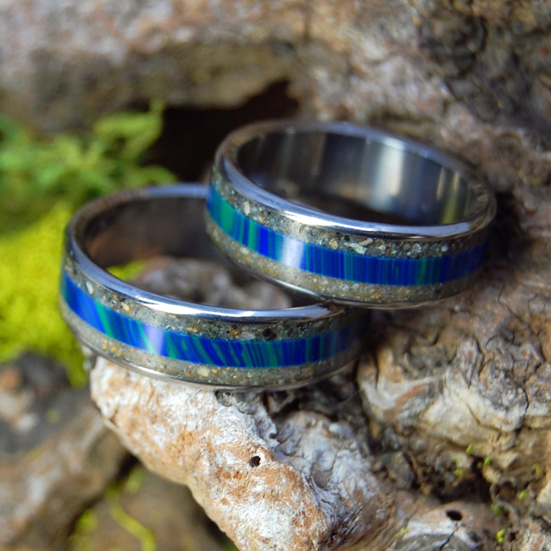 Ode To The Australian Ferrymen | German Earth And N. Queensland Sand - Titanium Wedding Ring Set - Minter and Richter Designs