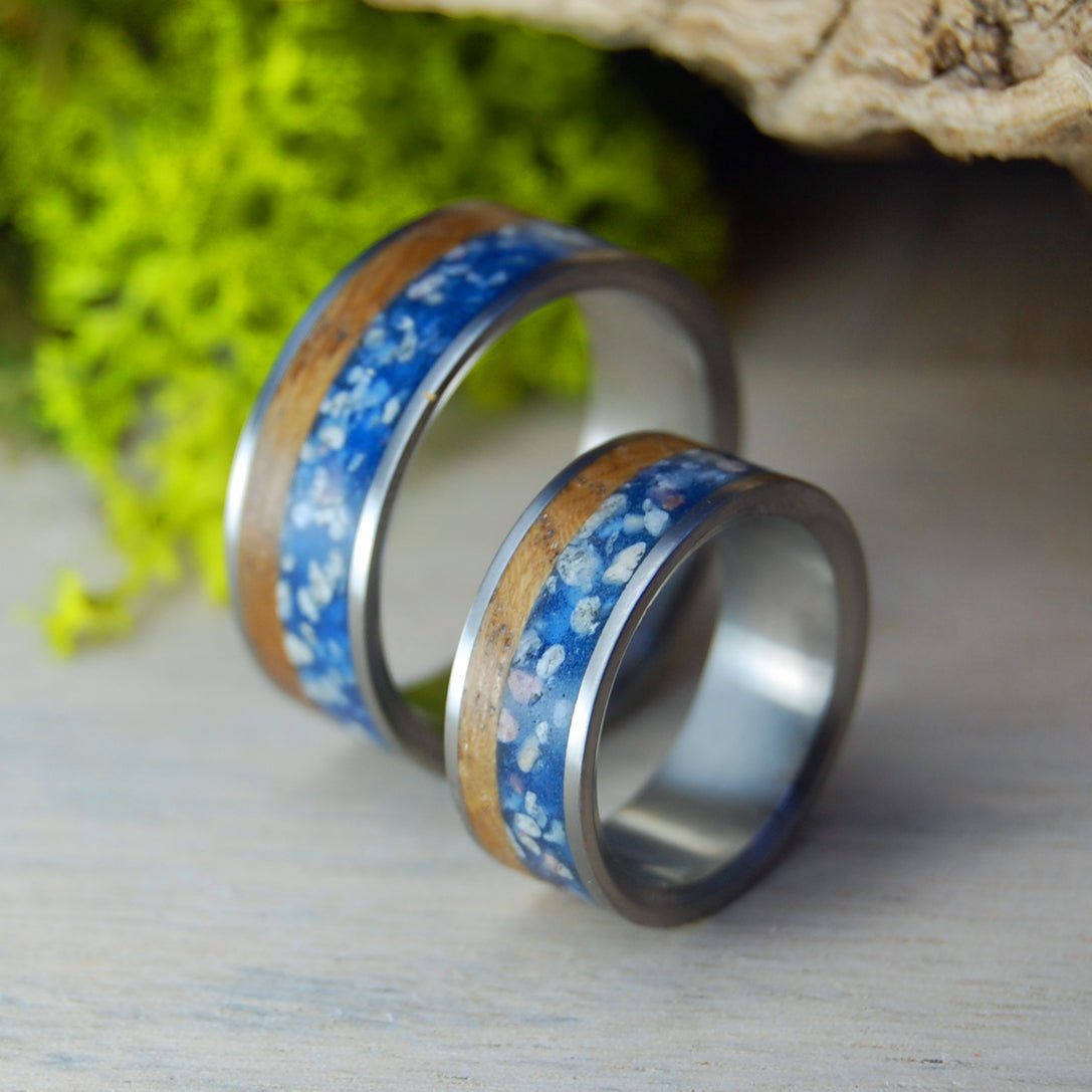 Okinawa Whiskey | Whiskey Barrel Wood And Okinawa Japan Beach Sand - Titanium Wedding Ring Set - Minter and Richter Designs