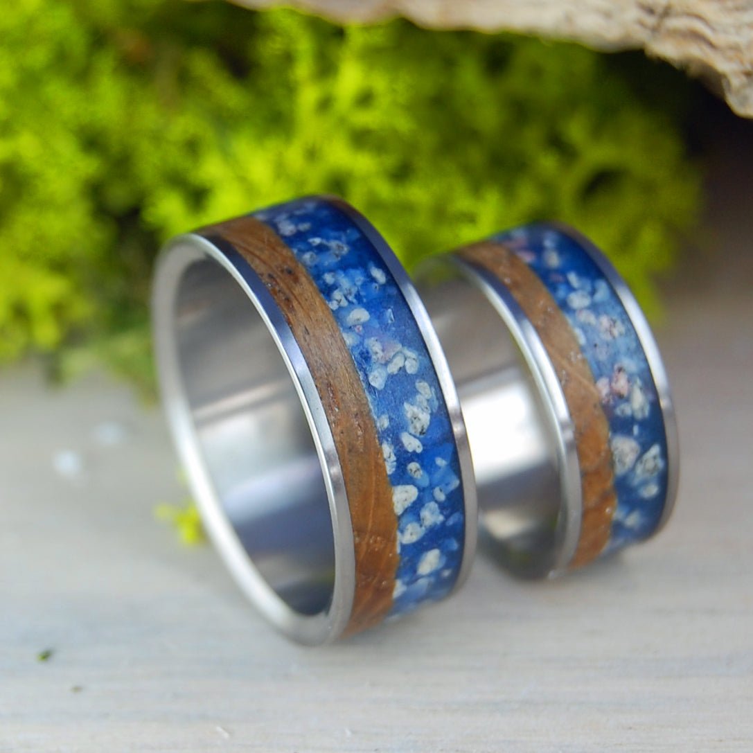 Okinawa Whiskey | Whiskey Barrel Wood And Okinawa Japan Beach Sand - Titanium Wedding Ring Set - Minter and Richter Designs