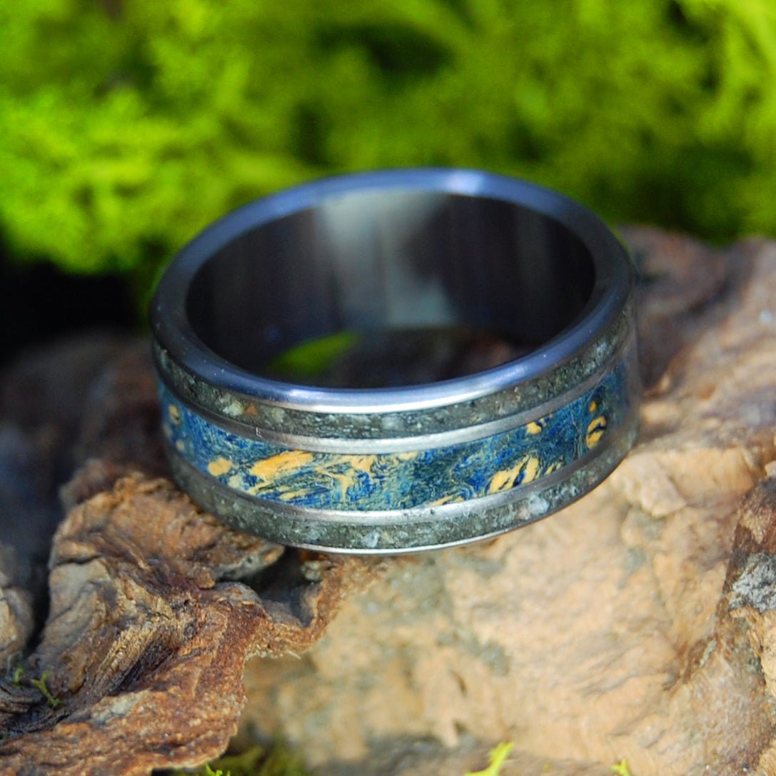 Old North Bridge 1775 | Men's Old North Bridge Rocks, Blue Box Elder Wood & Titanium Wedding Ring - Minter and Richter Designs