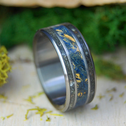 Old North Bridge 1775 | Men's Old North Bridge Rocks, Blue Box Elder Wood & Titanium Wedding Ring - Minter and Richter Designs