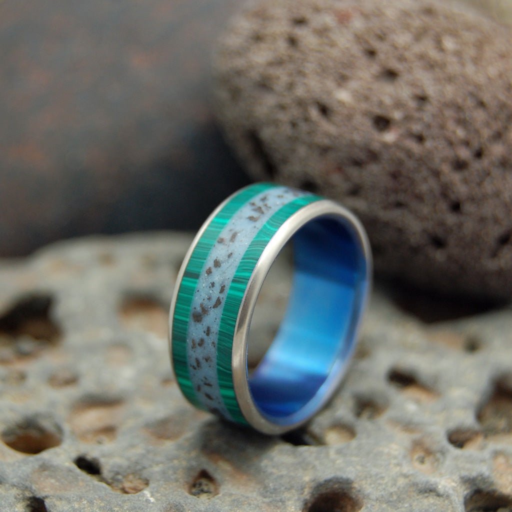 On The Ring Road | Men's Beach Sand, Icelandic Lava, Malachite & Titanium Wedding Ring - Minter and Richter Designs