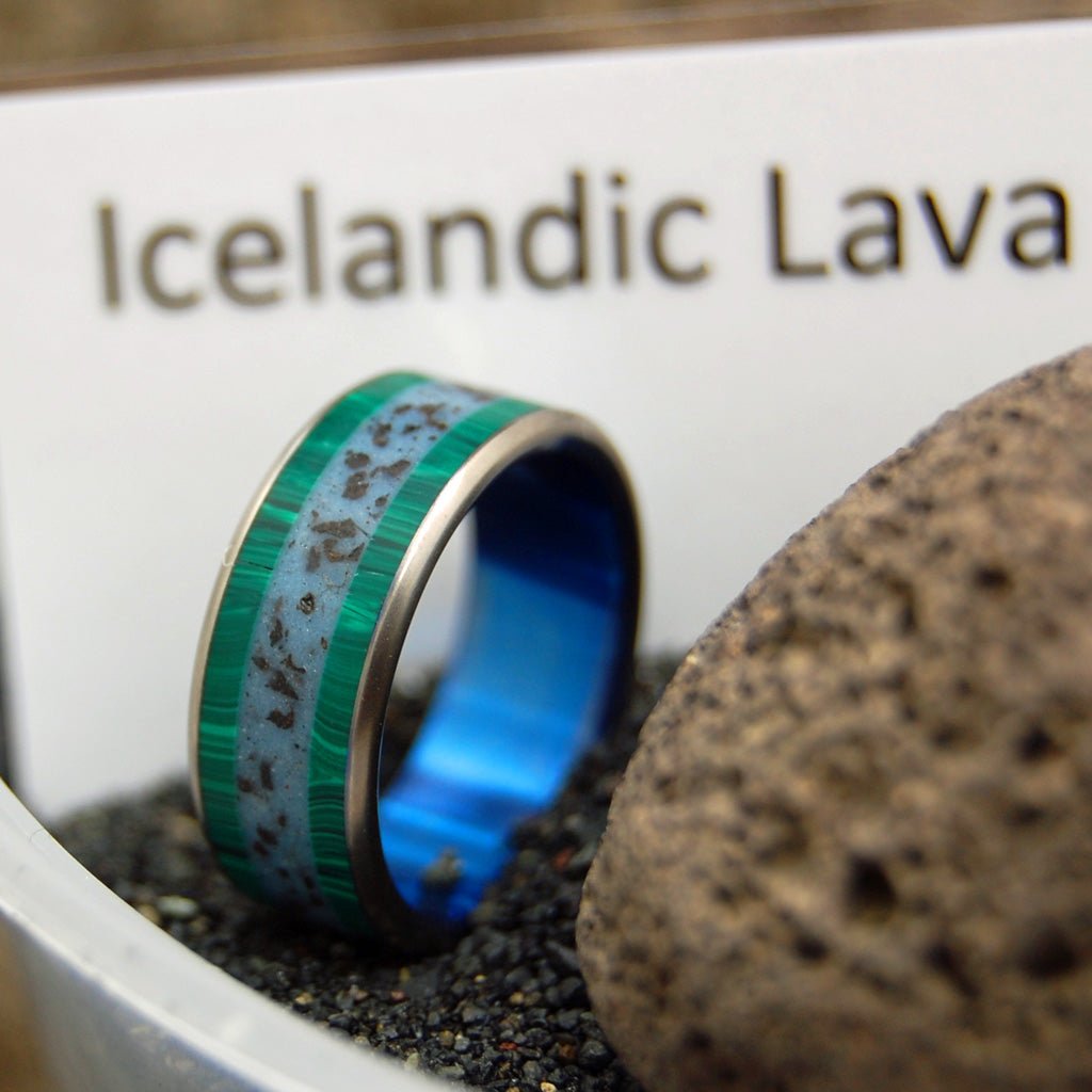 On The Ring Road | Men's Beach Sand, Icelandic Lava, Malachite & Titanium Wedding Ring - Minter and Richter Designs