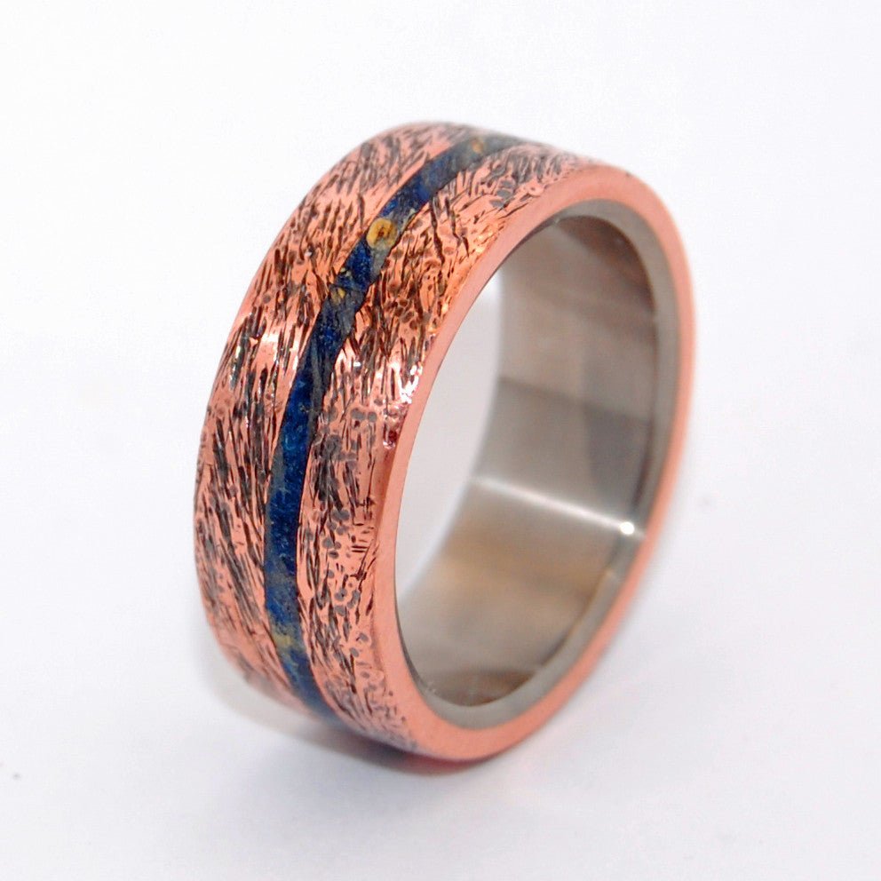 One Soul | Men's Blue Box Elder Wood, Hand Beaten Copper & Titanium Wedding Ring - Minter and Richter Designs