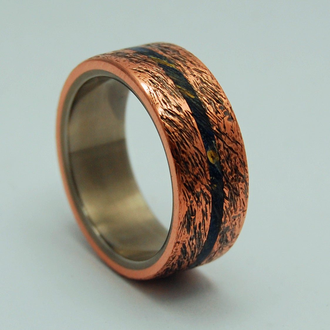 One Soul | Men's Blue Box Elder Wood, Hand Beaten Copper & Titanium Wedding Ring - Minter and Richter Designs