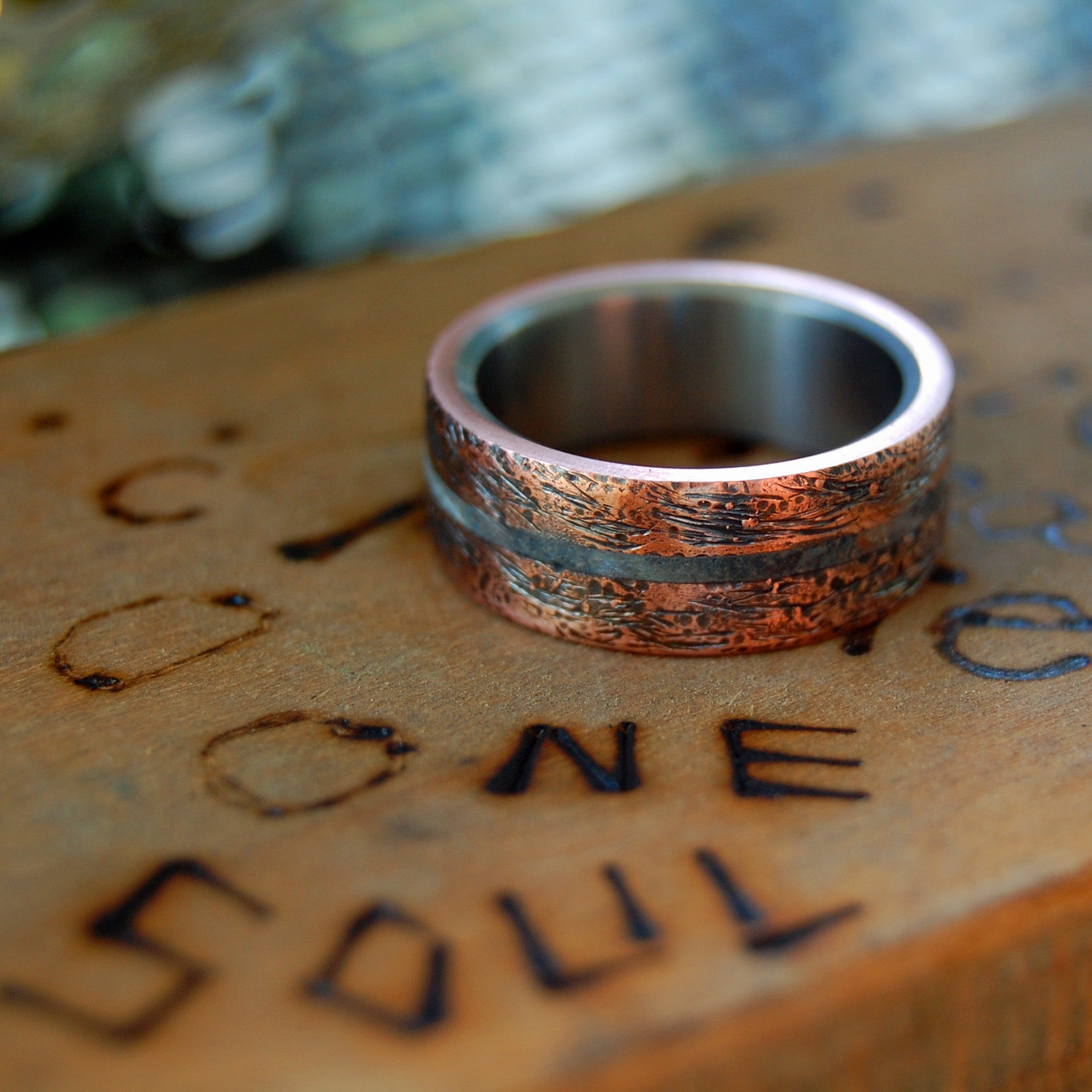 One Soul | Men's Blue Box Elder Wood, Hand Beaten Copper & Titanium Wedding Ring - Minter and Richter Designs