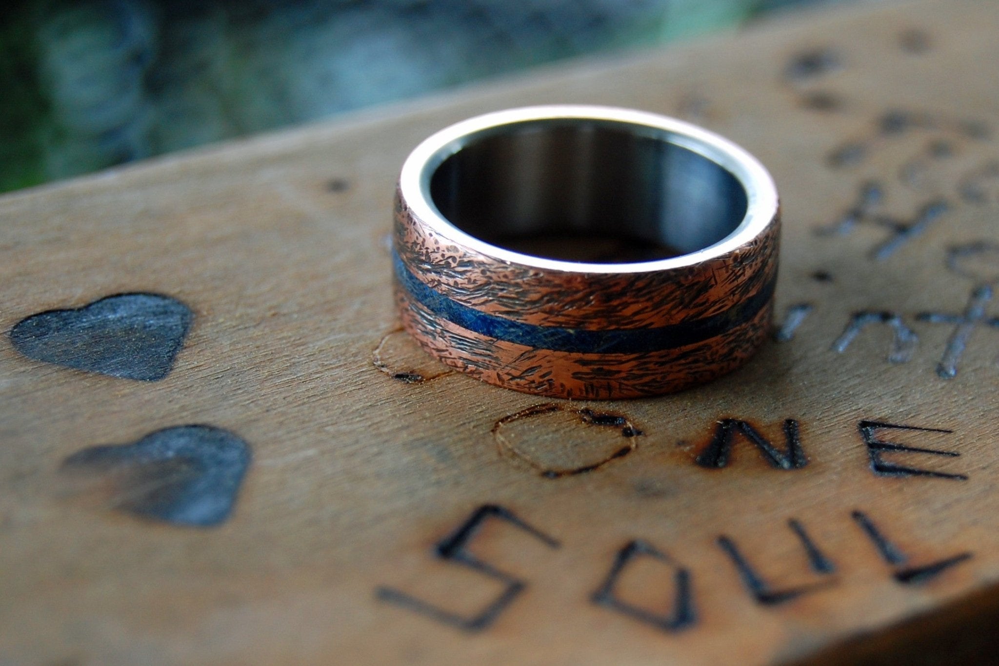 One Soul | Men's Blue Box Elder Wood, Hand Beaten Copper & Titanium Wedding Ring - Minter and Richter Designs