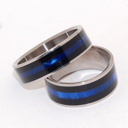 Orion | Black & Blue Opalescent Resin - Unique Wedding Ring Set - Minter and Richter Designs