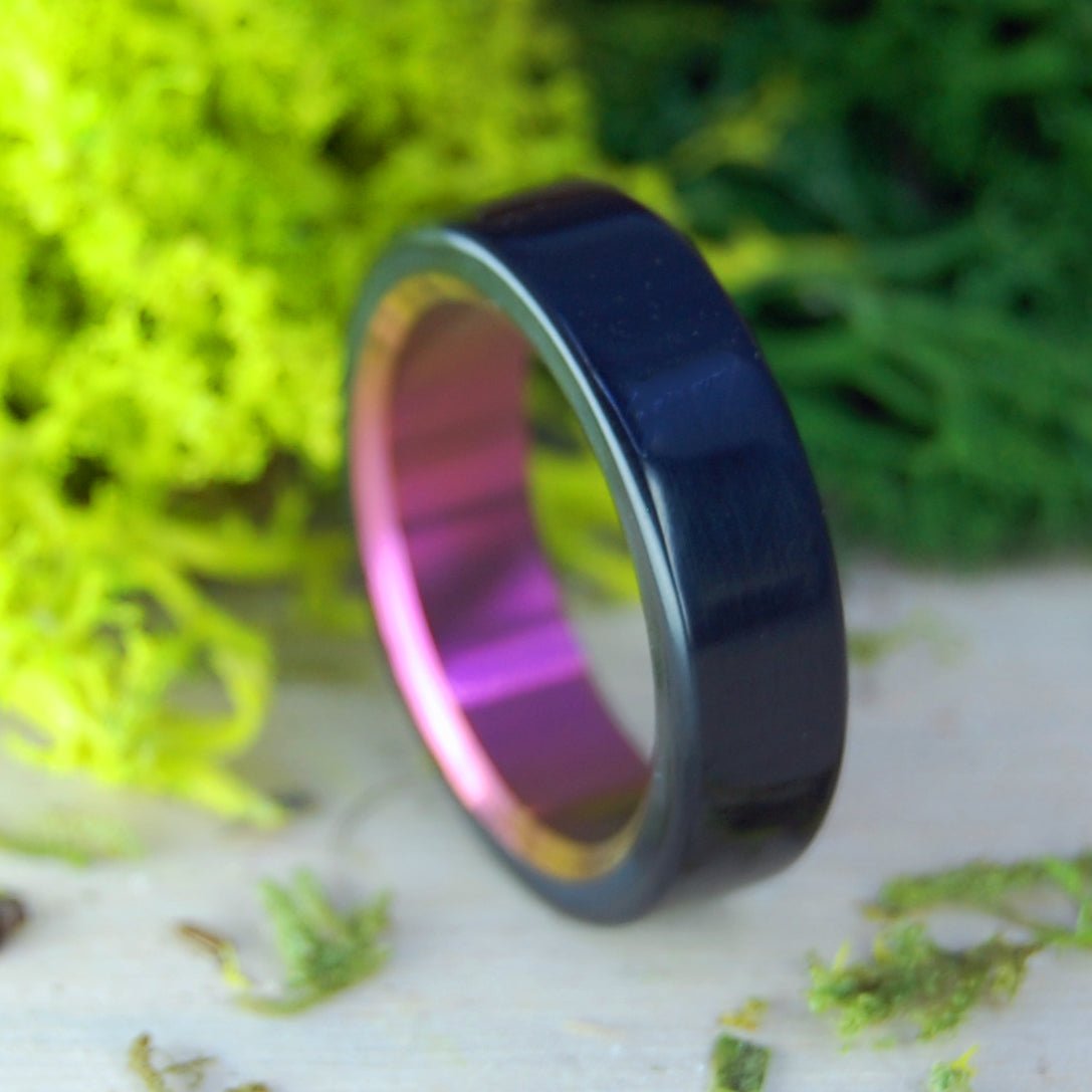 Othello's Blushing | Men's Onyx Stone, Pink Anodized Titanium & Titanium Wedding Ring - Minter and Richter Designs