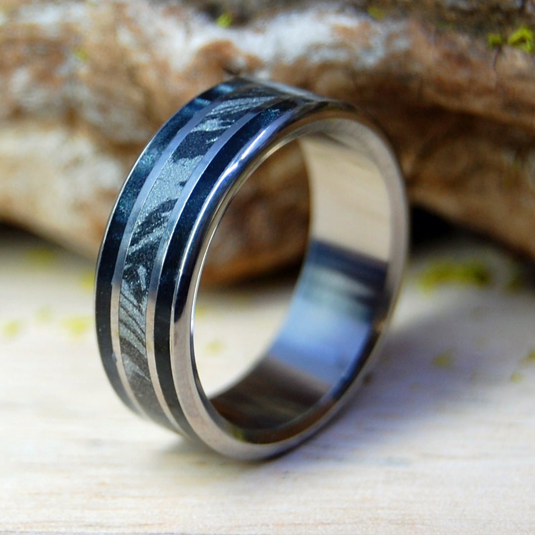 Our Moon | Men's Black Mokume Gane, Opalescent & Titanium Wedding Ring - Minter and Richter Designs