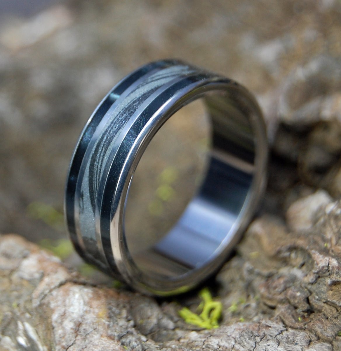 Our Moon | Men's Black Mokume Gane, Opalescent & Titanium Wedding Ring - Minter and Richter Designs