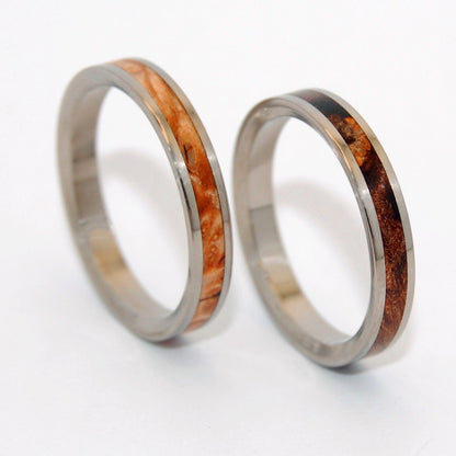 Owl Moon | Dark Maple & Light Maple Wood - Wooden Wedding Ring - His & Hers Matching Titanium Wedding Ring Set - Minter and Richter Designs