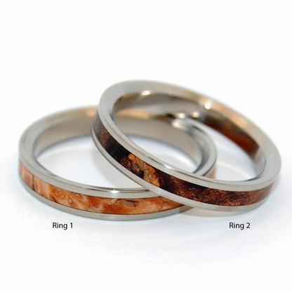 Owl Moon | Dark Maple & Light Maple Wood - Wooden Wedding Ring - His & Hers Matching Titanium Wedding Ring Set - Minter and Richter Designs