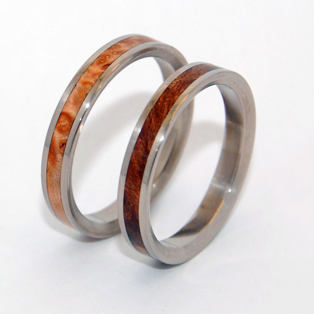 Owl Moon | Dark Maple & Light Maple Wood - Wooden Wedding Ring - His & Hers Matching Titanium Wedding Ring Set - Minter and Richter Designs