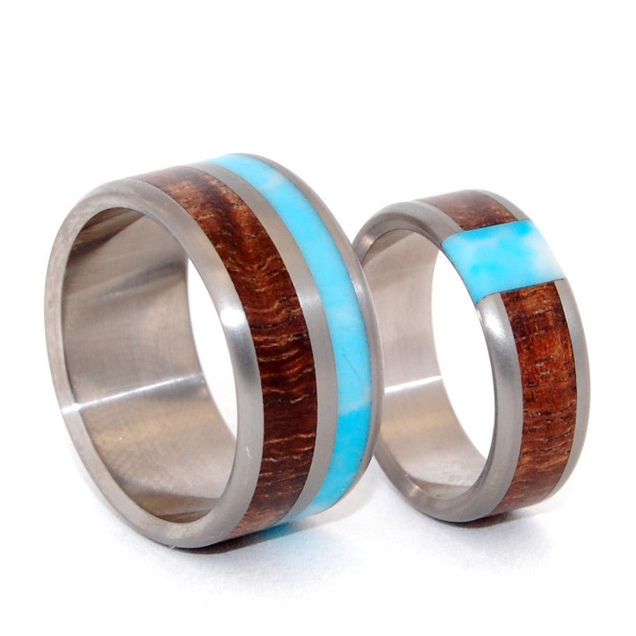 Passing Clouds | Larimar Stone, Hawaiian Koa Wood - Wooden Wedding Ring Set - Minter and Richter Designs