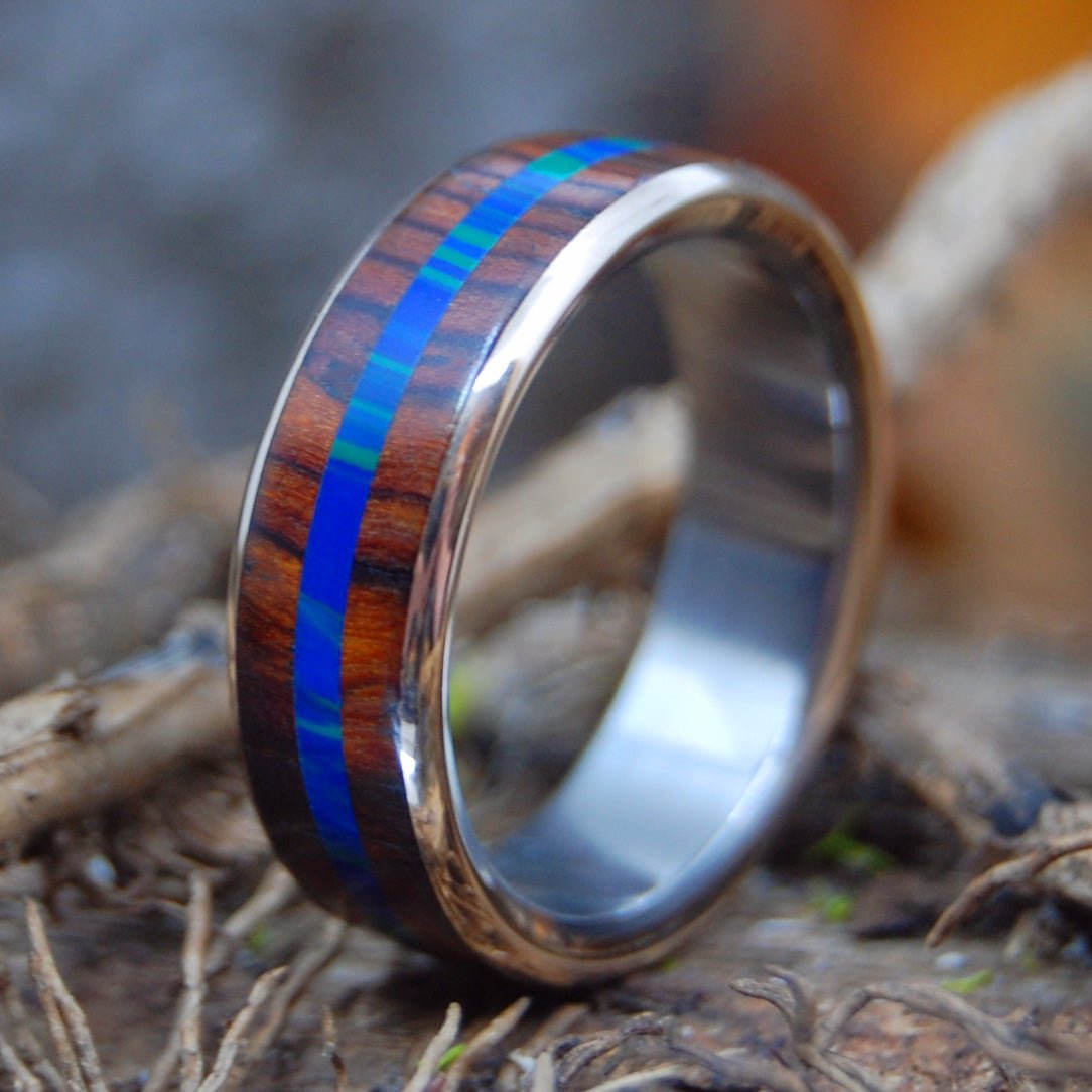 Peace & Copper | Men's Cocobolo Wood, Azurite Malachite Stone & Copper Titanium Wedding Ring - Minter and Richter Designs