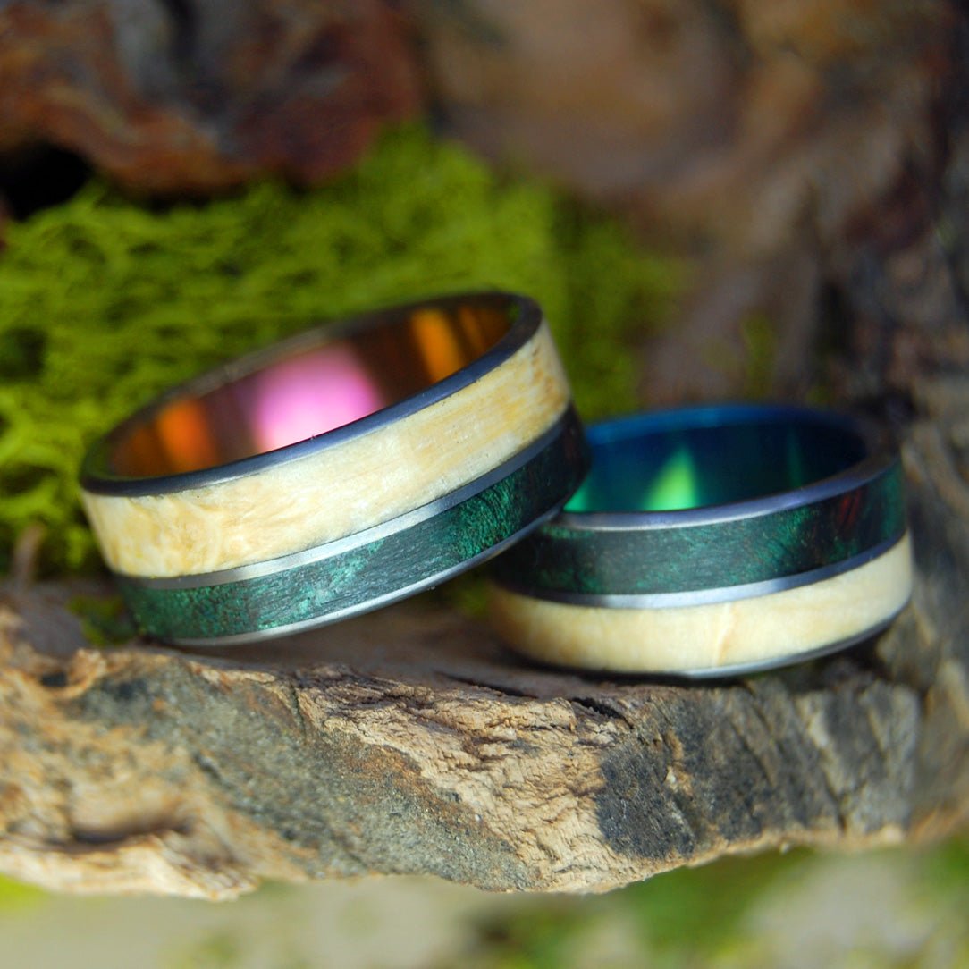 Peace In Costa Rica - Sunset & Green | Box Elder Wood, Green Maple Wood - Wood Wedding Ring Set - Minter and Richter Designs