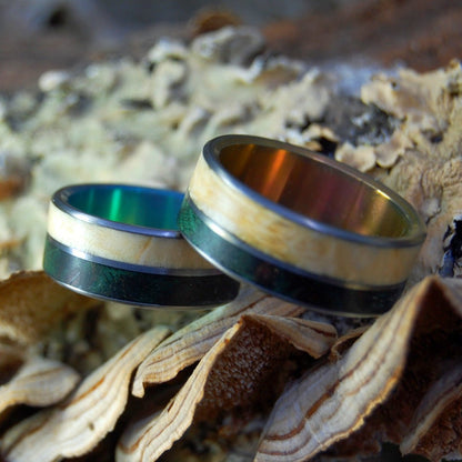 Peace In Costa Rica - Sunset & Green | Box Elder Wood, Green Maple Wood - Wood Wedding Ring Set - Minter and Richter Designs