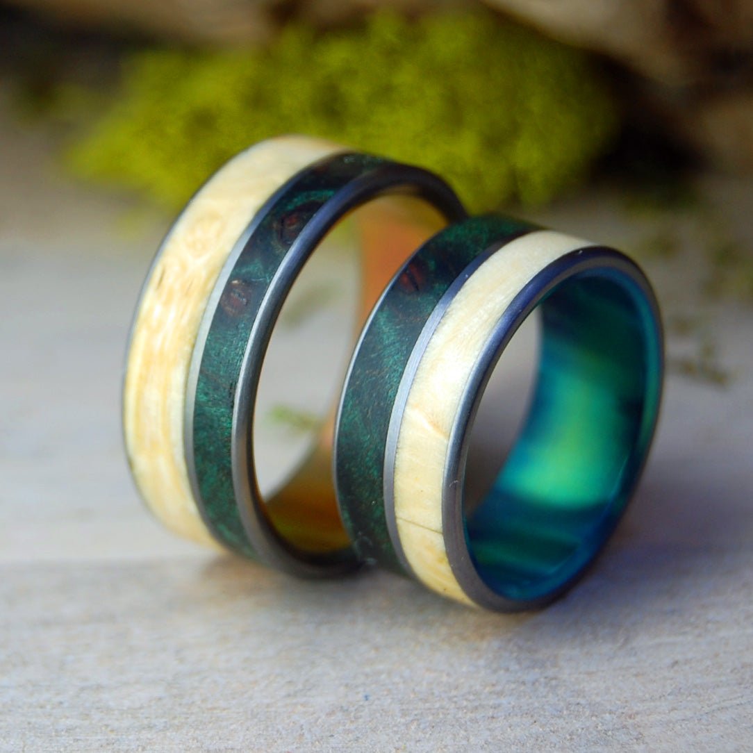 Peace In Costa Rica - Sunset & Green | Box Elder Wood, Green Maple Wood - Wood Wedding Ring Set - Minter and Richter Designs