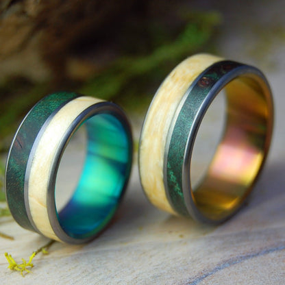 Peace In Costa Rica - Sunset & Green | Box Elder Wood, Green Maple Wood - Wood Wedding Ring Set - Minter and Richter Designs