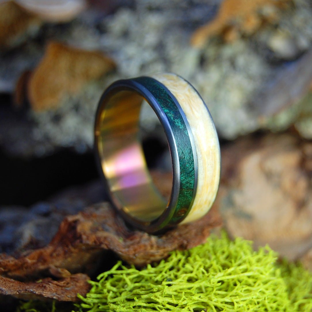 Peace In Costa Rica Sunset | Men's Green Maple, Box Elder Wood & Titanium Wedding Ring - Minter and Richter Designs