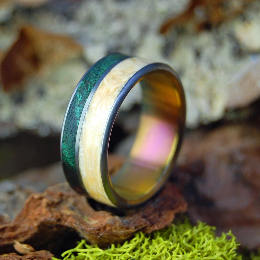 Peace In Costa Rica Sunset | Men's Green Maple, Box Elder Wood & Titanium Wedding Ring - Minter and Richter Designs