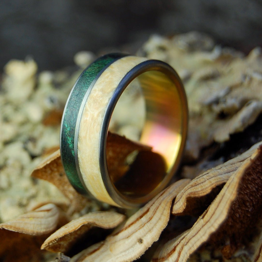 Peace In Costa Rica Sunset | Men's Green Maple, Box Elder Wood & Titanium Wedding Ring - Minter and Richter Designs