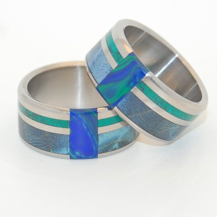 Peacock | Blue Box Elder Wood, Jade Stone, Azurite Malachite Stone - Wooden Wedding Ring Set - Minter and Richter Designs