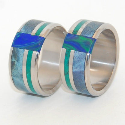 Peacock | Blue Box Elder Wood, Jade Stone, Azurite Malachite Stone - Wooden Wedding Ring Set - Minter and Richter Designs