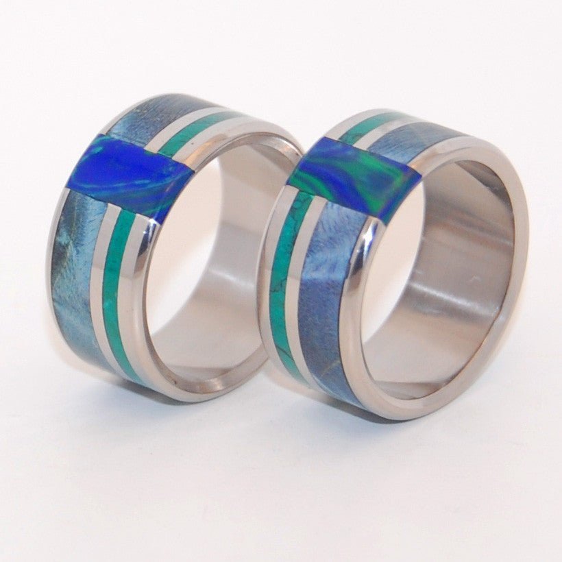 Peacock | Blue Box Elder Wood, Jade Stone, Azurite Malachite Stone - Wooden Wedding Ring Set - Minter and Richter Designs