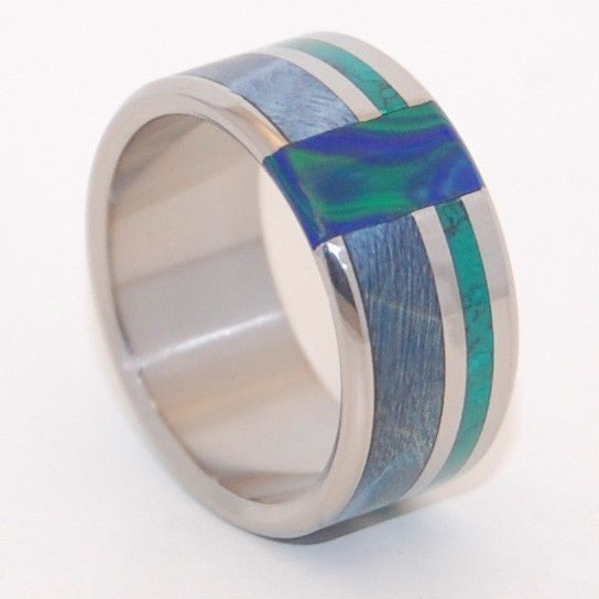 Peacock | Men's Blue Box Elder Wood, Jade Stone, Azurite Malachite Stone & Titanium Wedding Ring - Minter and Richter Designs