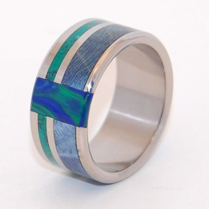 Peacock | Men's Blue Box Elder Wood, Jade Stone, Azurite Malachite Stone & Titanium Wedding Ring - Minter and Richter Designs