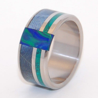 Peacock | Men's Blue Box Elder Wood, Jade Stone, Azurite Malachite Stone & Titanium Wedding Ring - Minter and Richter Designs