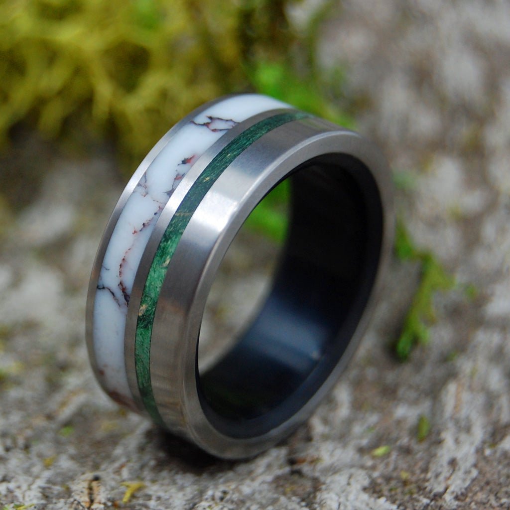 Pinnacle | Men's Wild Horse Jasper Stone, Green Box Elder Wood, Black Onyx Stone & Titanium Wedding Ring - Minter and Richter Designs