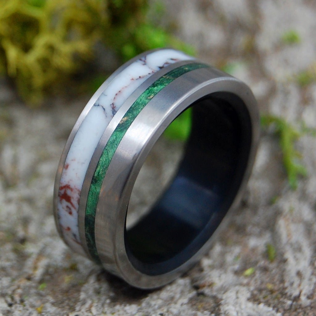 Pinnacle | Men's Wild Horse Jasper Stone, Green Box Elder Wood, Black Onyx Stone & Titanium Wedding Ring - Minter and Richter Designs