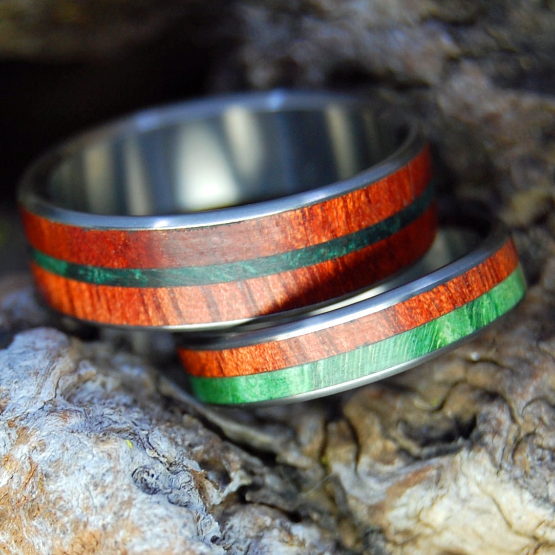 Plants Of Zion | Bloodwood, Green Box Elder & Green Maple - Titanium & Wood Wedding Ring Set - Minter and Richter Designs