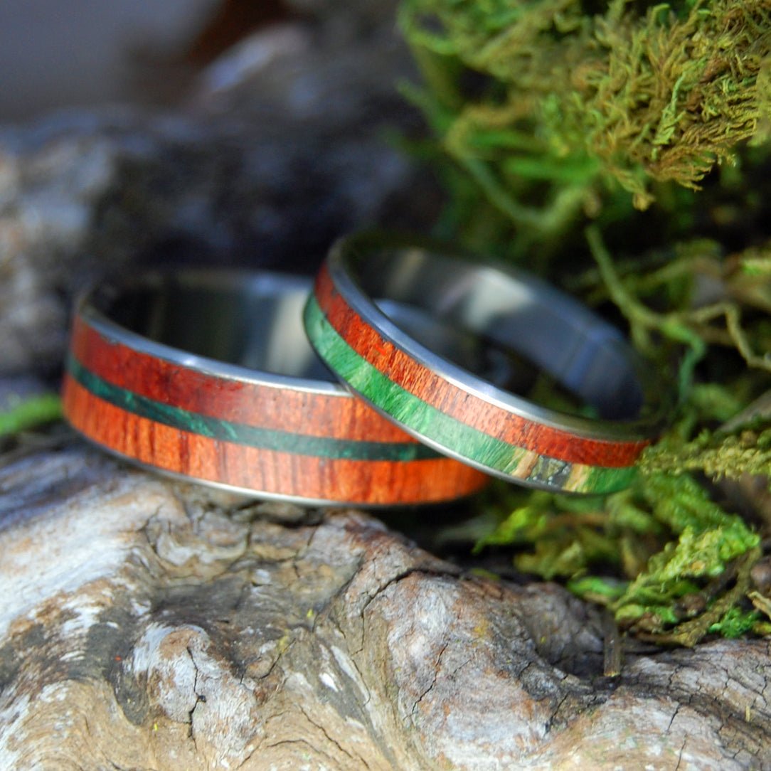 Plants Of Zion | Bloodwood, Green Box Elder & Green Maple - Titanium & Wood Wedding Ring Set - Minter and Richter Designs