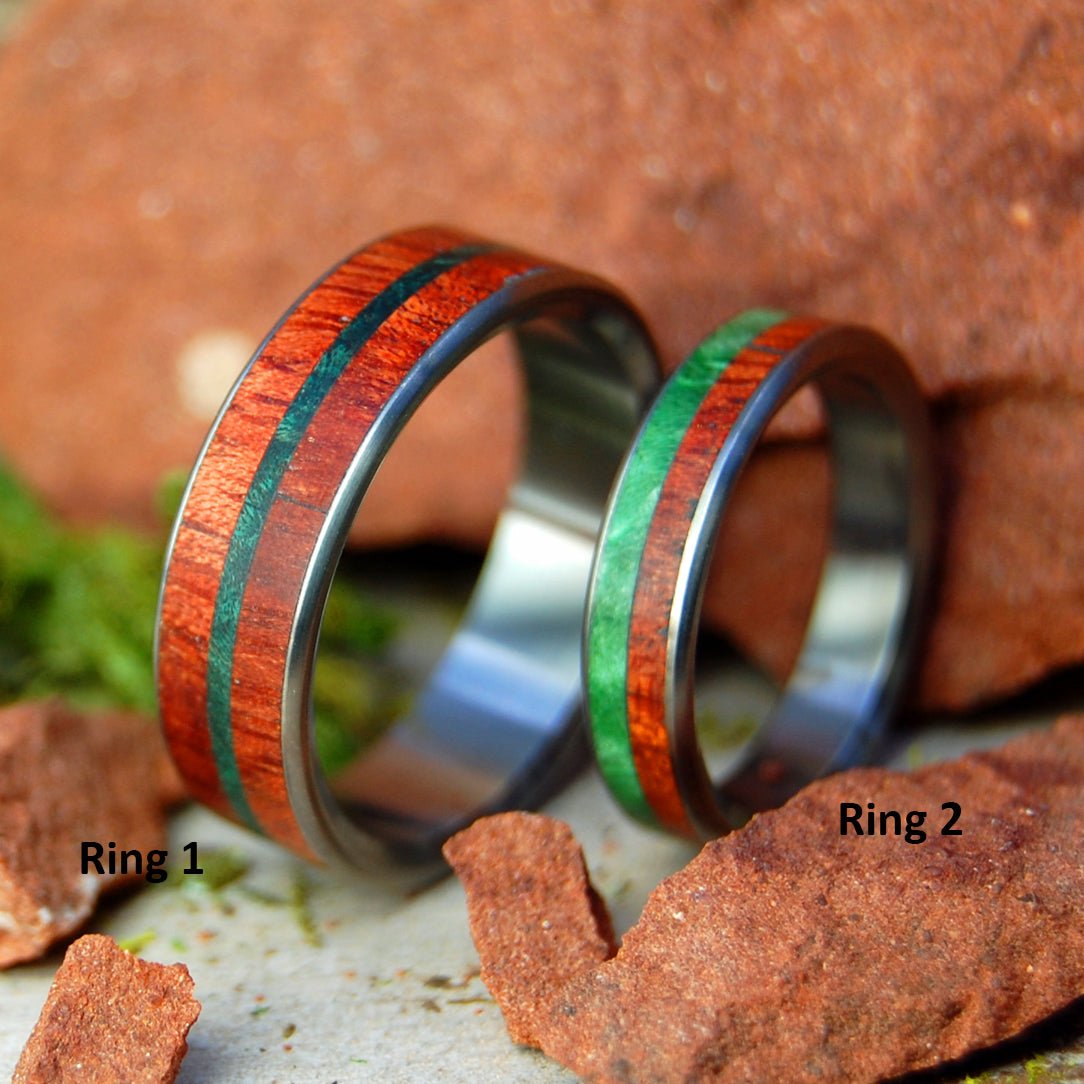 Plants Of Zion | Bloodwood, Green Box Elder & Green Maple - Titanium & Wood Wedding Ring Set - Minter and Richter Designs