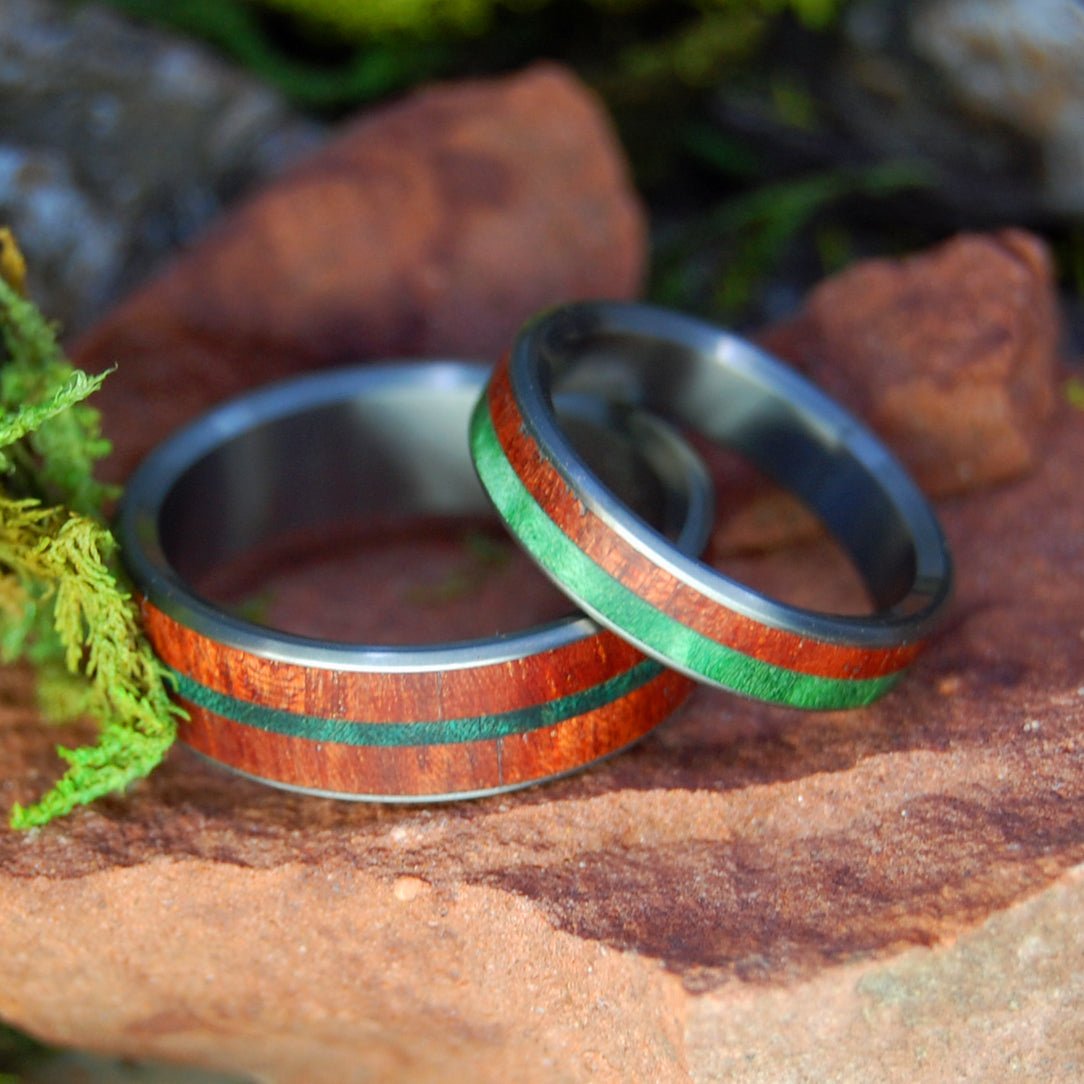 Plants Of Zion | Bloodwood, Green Box Elder & Green Maple - Titanium & Wood Wedding Ring Set - Minter and Richter Designs