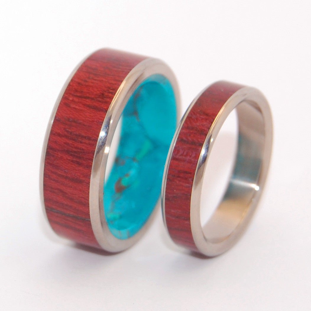 Promised Land Brave Heart | Purple Heart Wood & Chrysocolla Stone - Unique Titanium Wedding Ring Set - Minter and Richter Designs