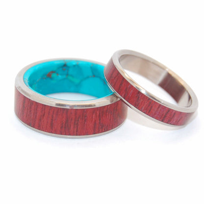 Promised Land Brave Heart | Purple Heart Wood & Chrysocolla Stone - Unique Titanium Wedding Ring Set - Minter and Richter Designs