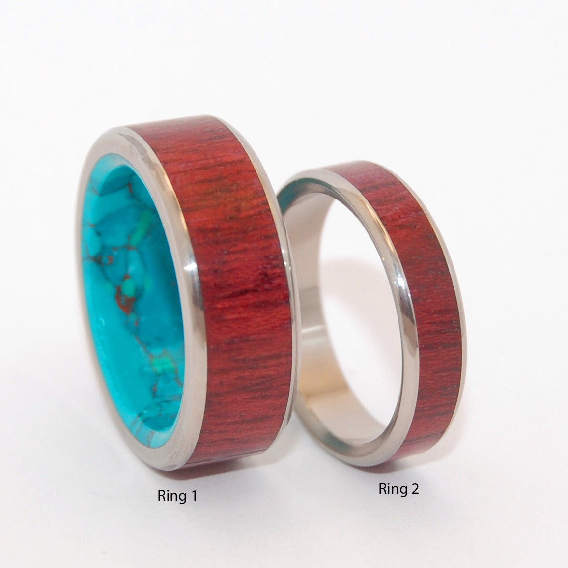 Promised Land Brave Heart | Purple Heart Wood & Chrysocolla Stone - Unique Titanium Wedding Ring Set - Minter and Richter Designs