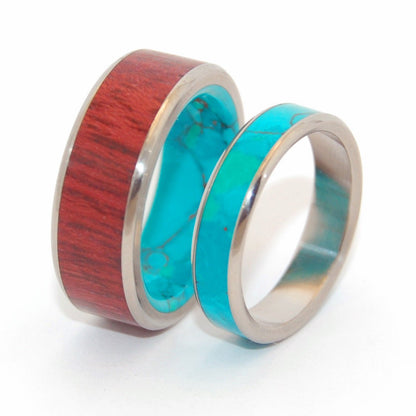 Promised Land Golden Promise | Purple Heart Wood & Chrysocolla Stone - Unique Titanium Wedding Ring Set - Minter and Richter Designs