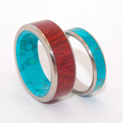 Promised Land Golden Promise | Purple Heart Wood & Chrysocolla Stone - Unique Titanium Wedding Ring Set - Minter and Richter Designs