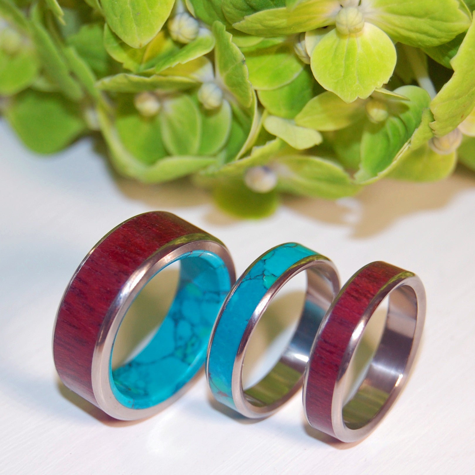 Promised Land | Purple Heart Wood & Chrysocolla Stone - Titanium Engagement And Wedding Band Set - Minter and Richter Designs