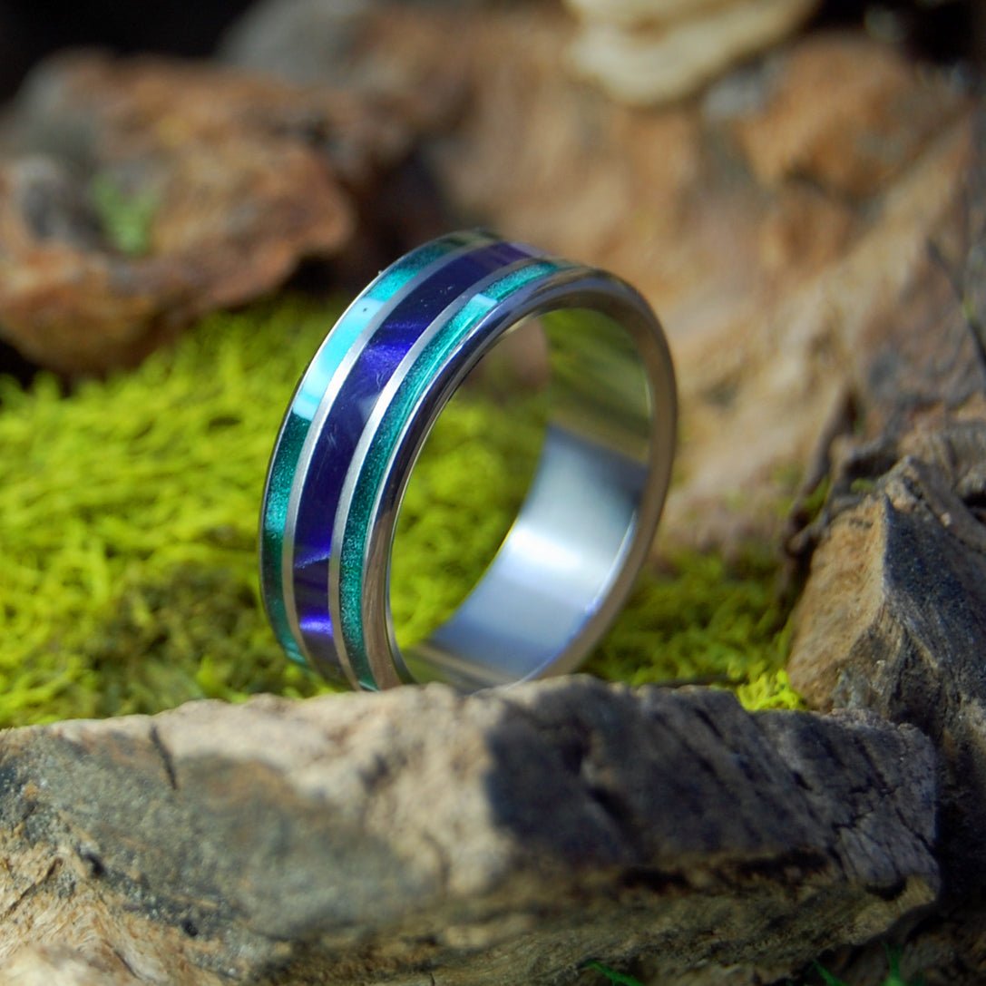 Purple Pleasures | Men's Purple Marbled Opalescent, Aquatic Green Resin & Titanium Wedding Ring - Minter and Richter Designs