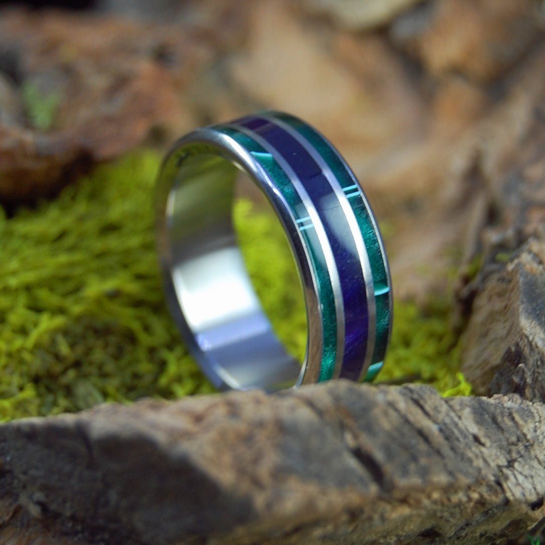 Purple Pleasures | Men's Purple Marbled Opalescent, Aquatic Green Resin & Titanium Wedding Ring - Minter and Richter Designs