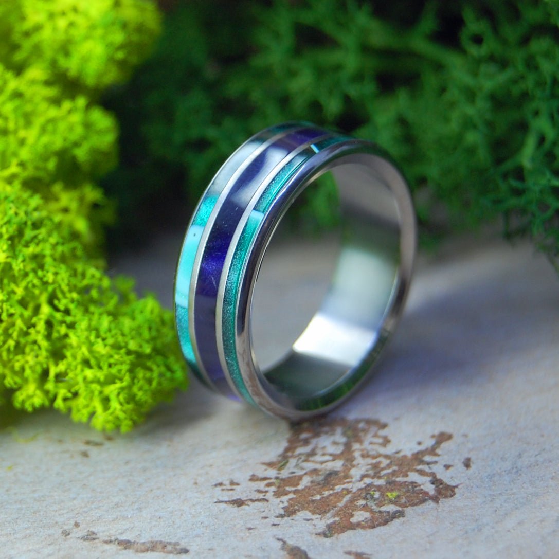 Purple Pleasures | Men's Purple Marbled Opalescent, Aquatic Green Resin & Titanium Wedding Ring - Minter and Richter Designs