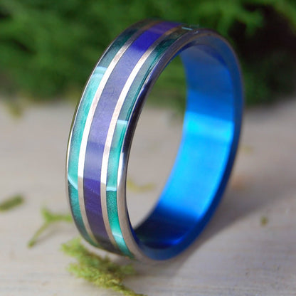 Purple Pleasures With Blue | Men's Aquatic Green Resin, Purple Marbled Opalescent & Titanium Wedding Ring - Minter and Richter Designs