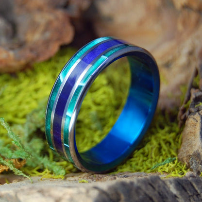 Purple Pleasures With Blue | Men's Aquatic Green Resin, Purple Marbled Opalescent & Titanium Wedding Ring - Minter and Richter Designs